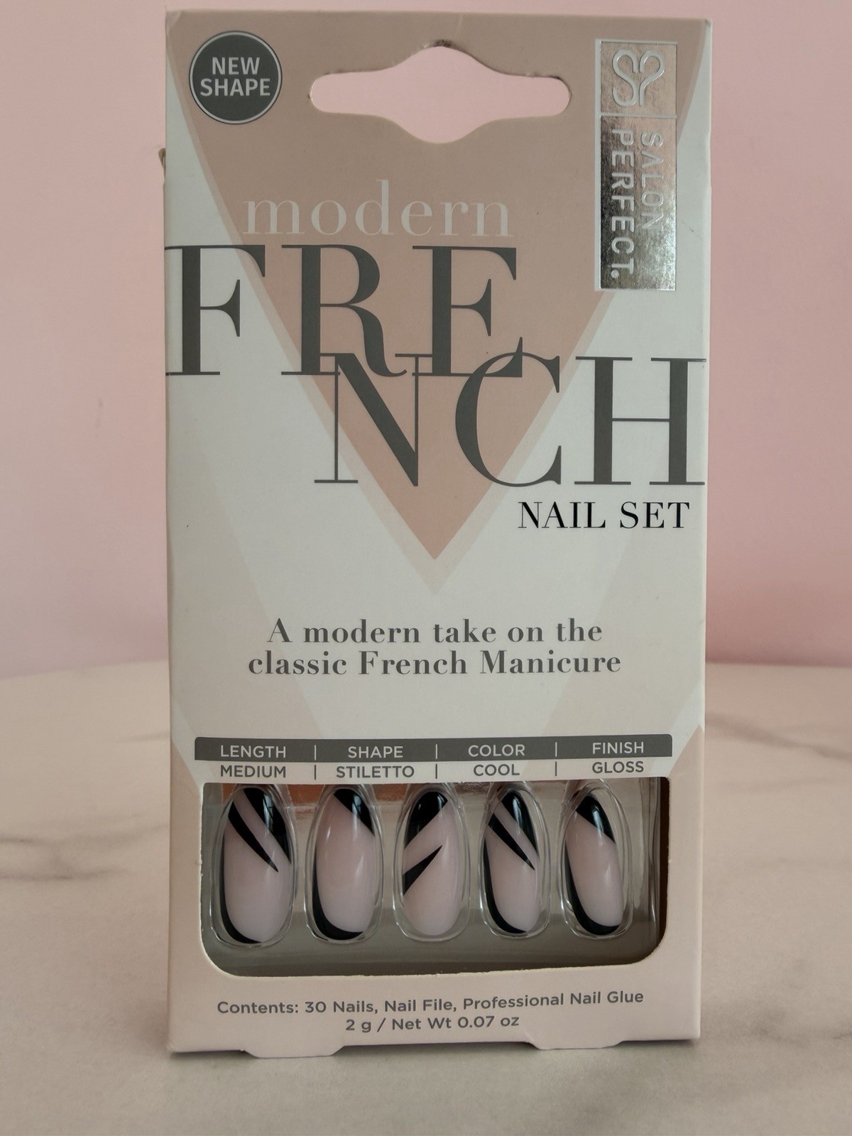 Salon Perfect Press-On Nails Modern French Cool Medium Stiletto Glue Included