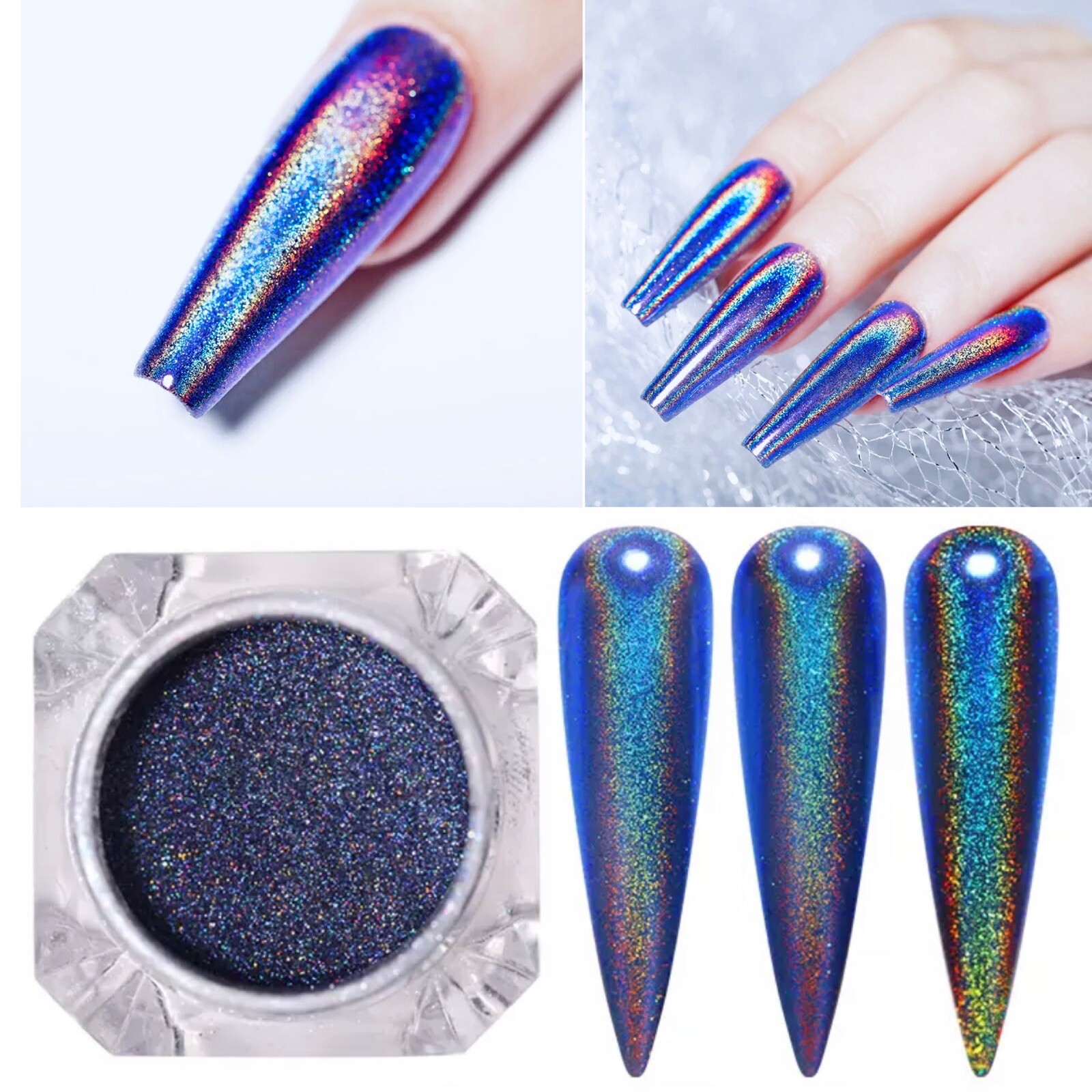 Holographic Blue Nail Chrome Powder Rainbow Glitter Navy Unicorn Pigment 1g/pot