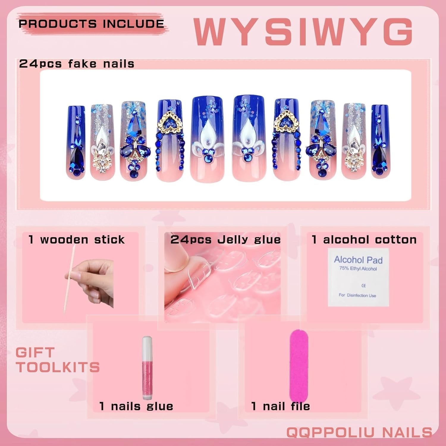 24pcs Long Coffin Acrylic Nails in Royal Blue with Rhinestones | Perfect Gift