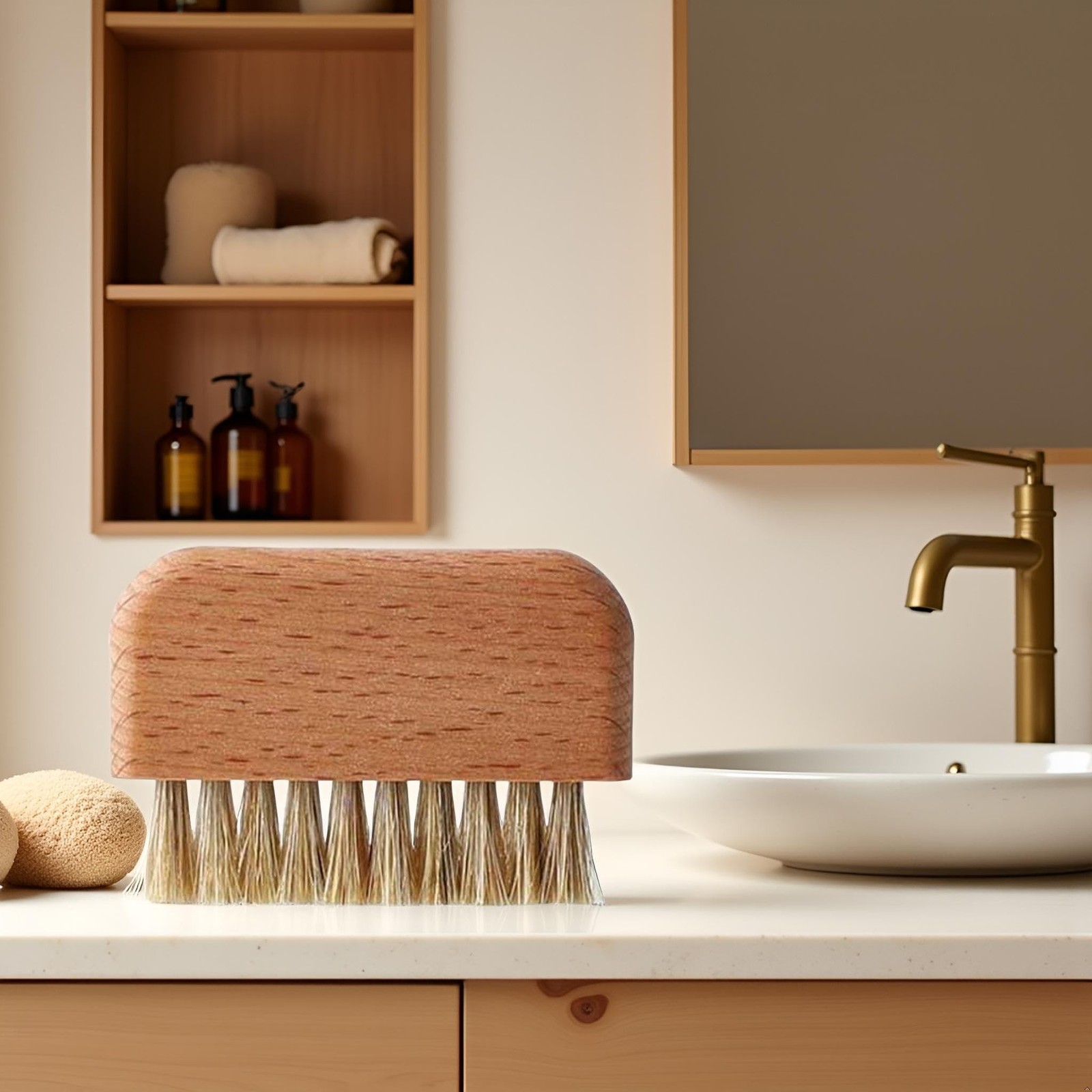 Brown Wooden Nail Brush, Natural Beech Wood Bristle Nail Brush Non-Slip Finge…