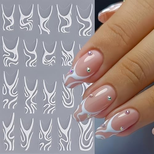 4Pcs White Swirls Lines Nail Stickers 5D Micro-Embossed white swirls lines