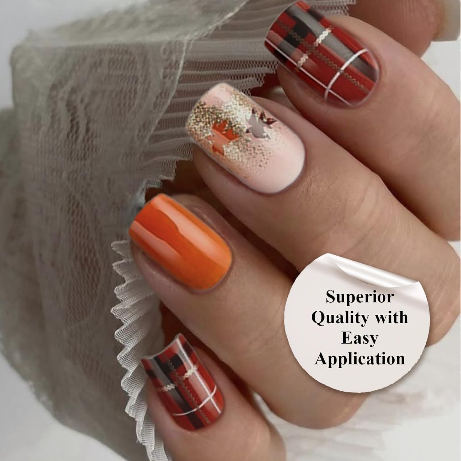 Press on Nails Fall Medium Maple Leaf Fake Nails Autumn Brown Plaid Square Gl…