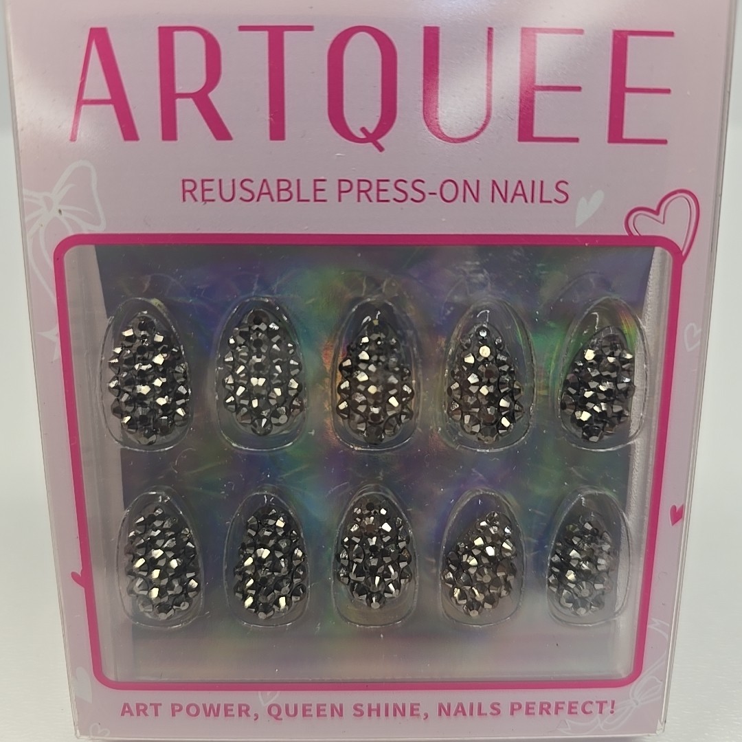 Press On Nail Kit Glam Rhinestone Metallic Silver Gray Glamour Nails Reusable