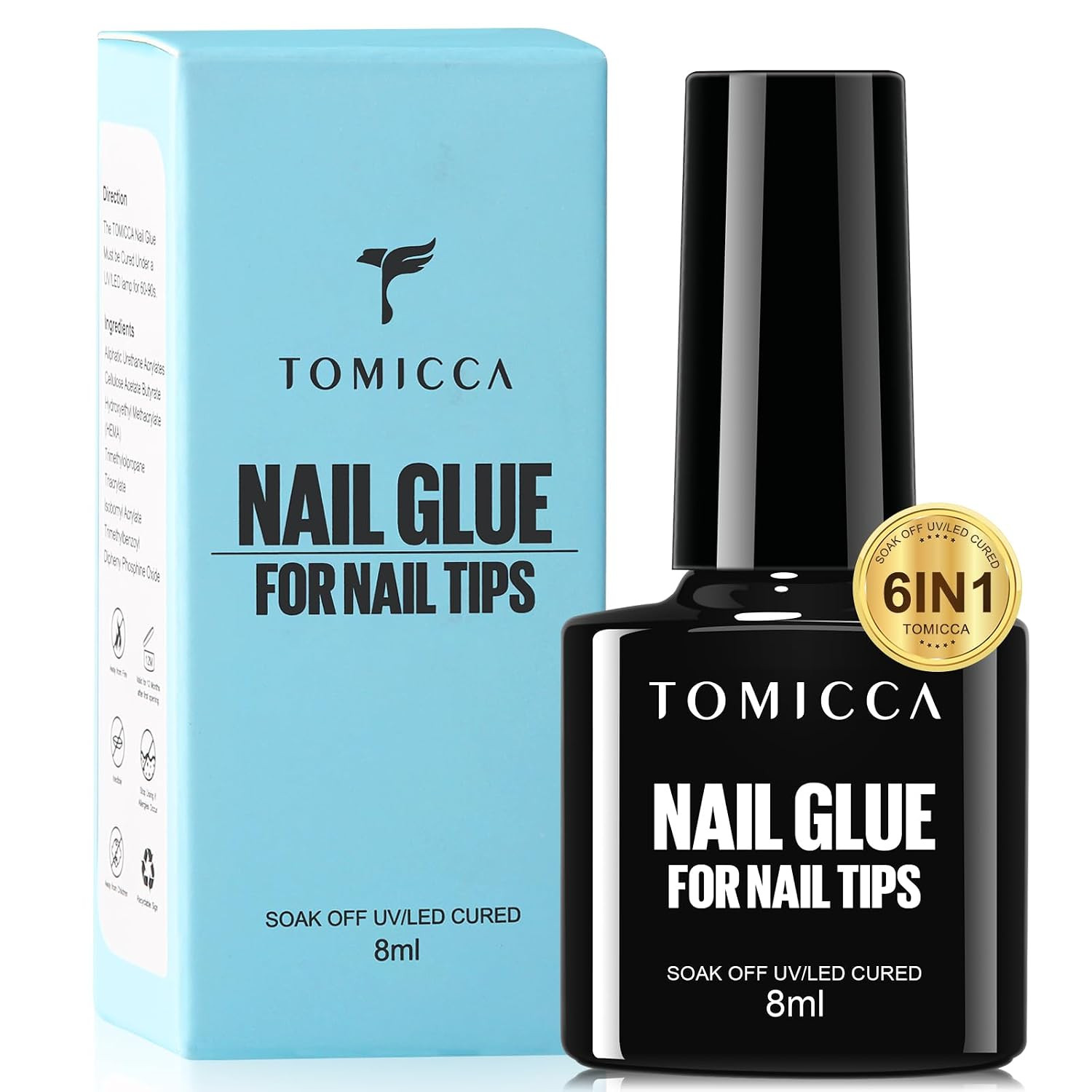6 in 1 Nail Glue for Press Ons 8Ml Strong Brush on Gel Nail Glue for Nail Tips L