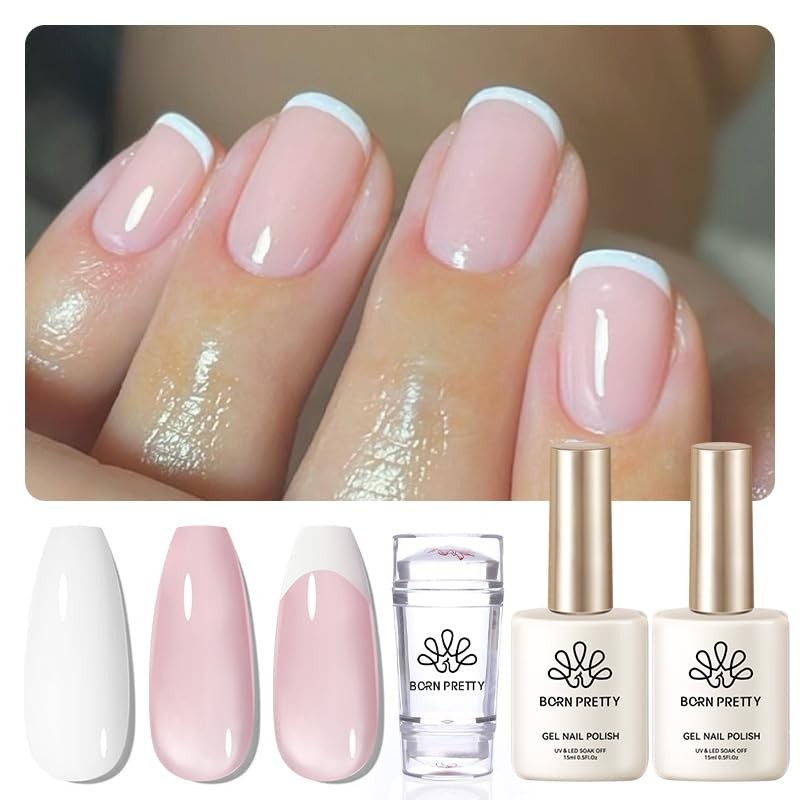 French Manicure Kit, Nail Stamper and 2Pcs Gel Nail Polish, Include Jelly Milky