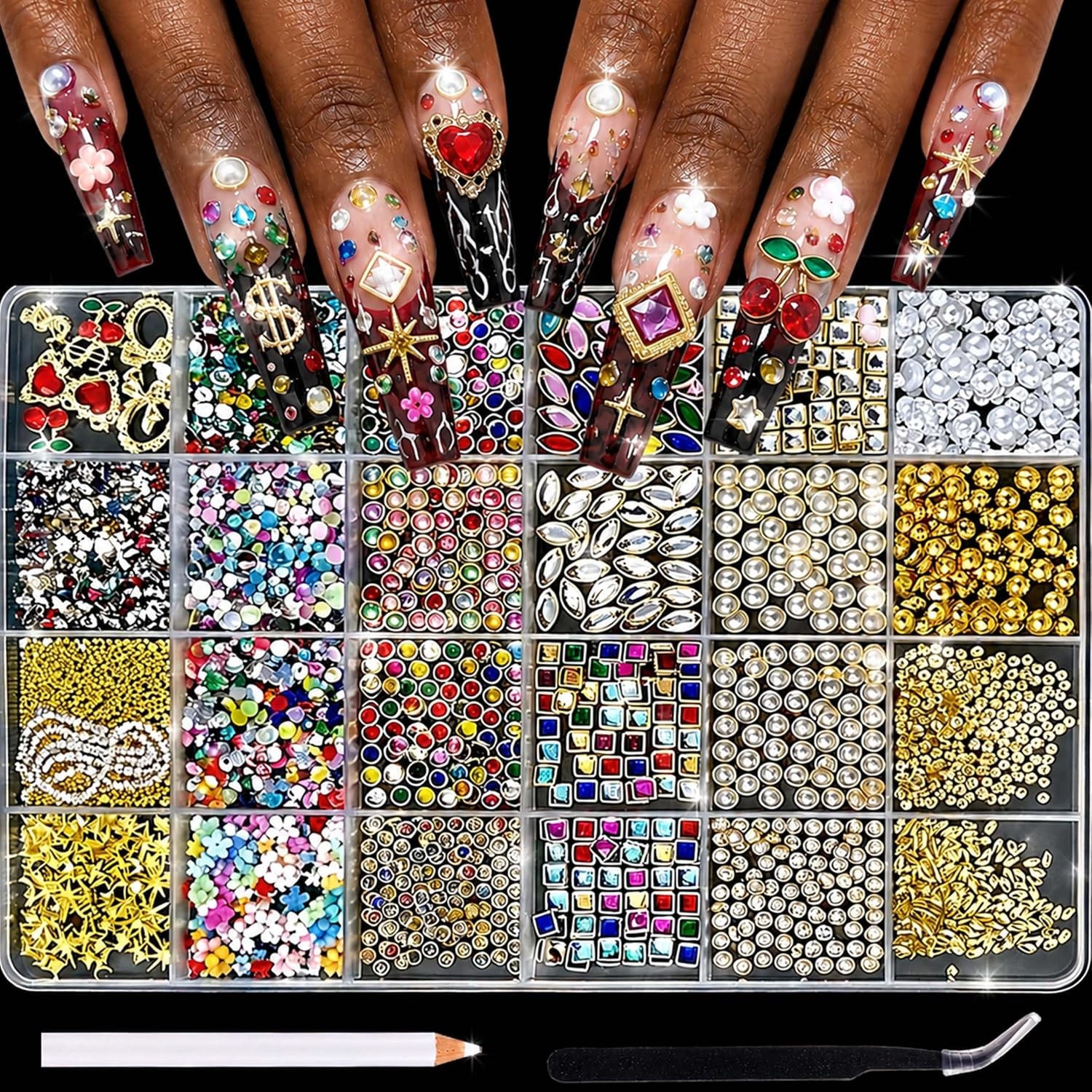 LERBOU 3D Nail Charms & Gems Kit, Vintage Mixed Shapes, 15 Grids