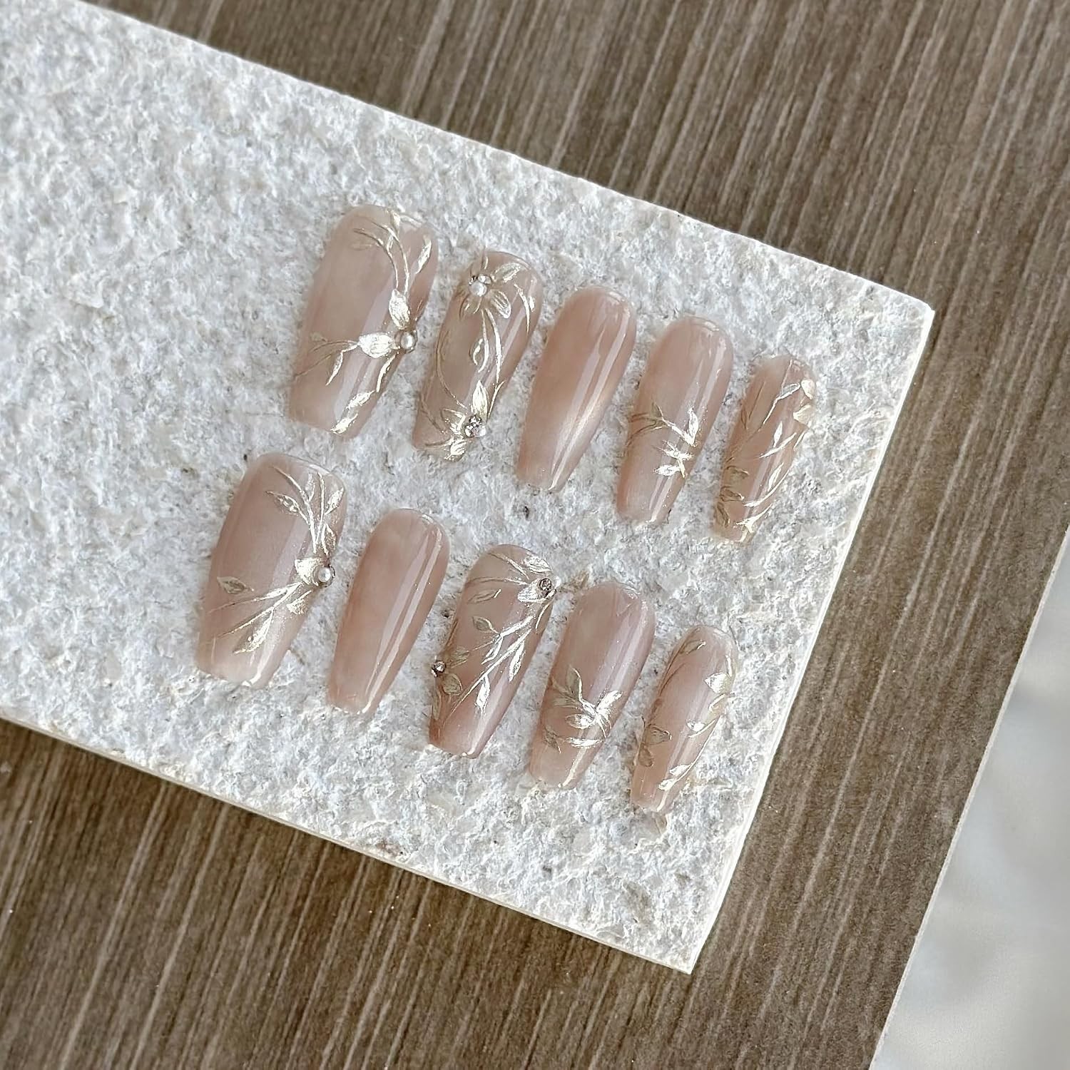 GLORS Nude Long Ballerina Press-On Nails, Gold Floral & Pearls, 10 Pcs