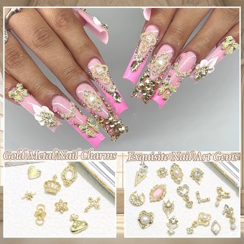 116PCS Nail Charms Luxury Nail Art Jewelry Dangle Heart Nail Gems Pearls Gold
