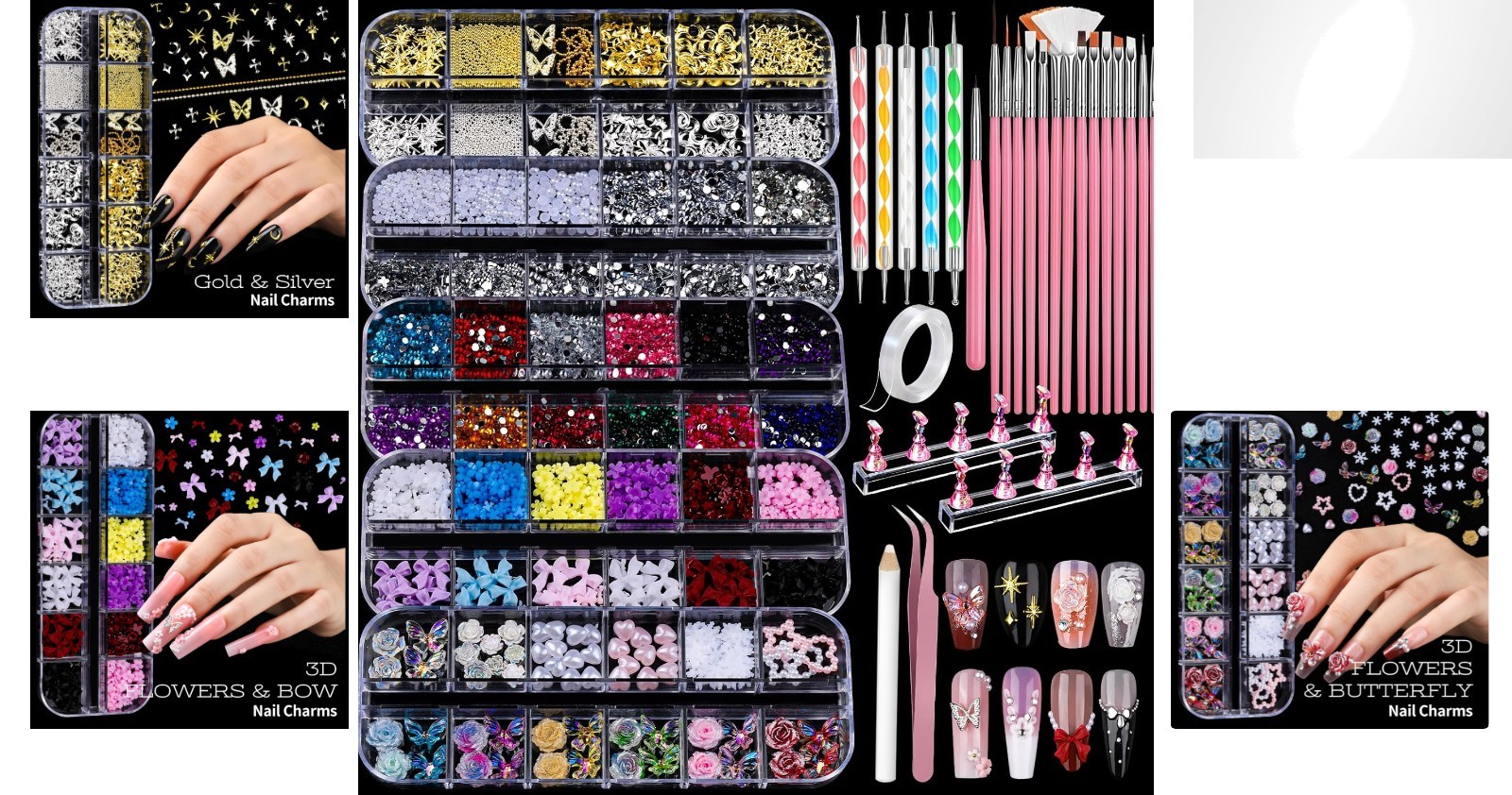 Creative Nail Art Kit with 5 Charm Boxes, Brushes & Dotting Tools for All Levels