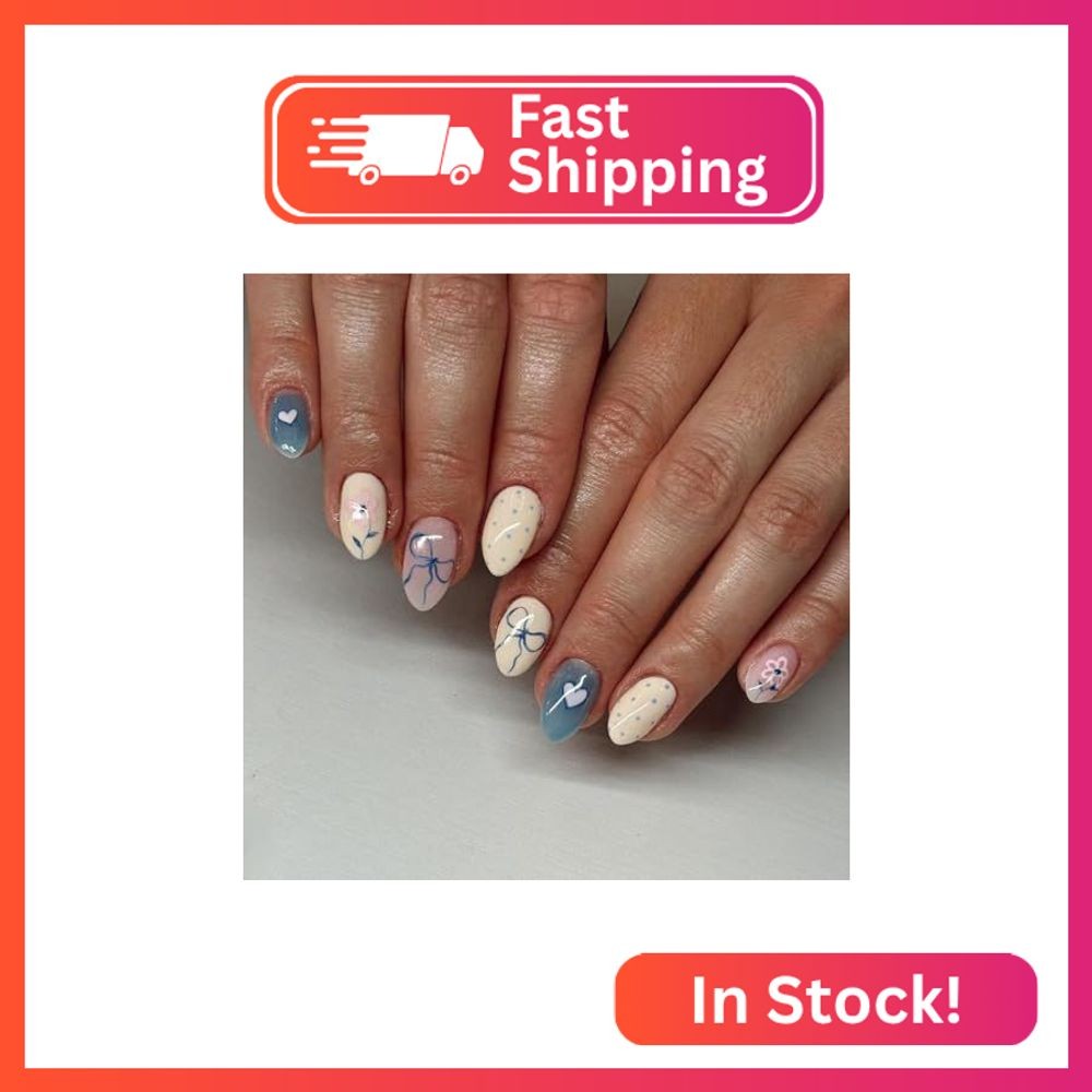 30Pcs Wave Point Press On Nails: Short Almond Shape Bow Fake Nails With Heart Ac