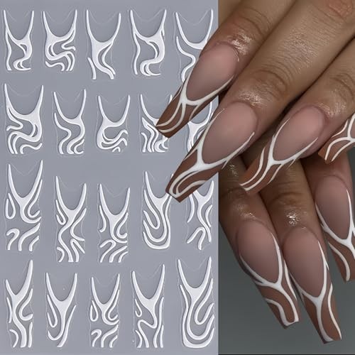 4Pcs White Swirls Lines Nail Stickers 5D Micro-Embossed white swirls lines