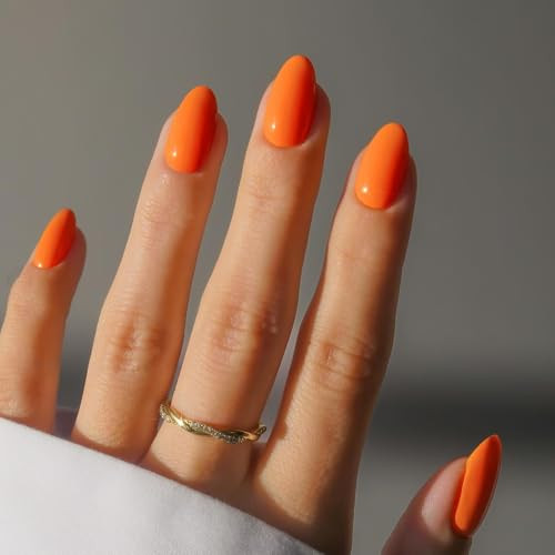 Orange Press on Nails Short Oval Round Nails Glue on, Fall Winter oval orange