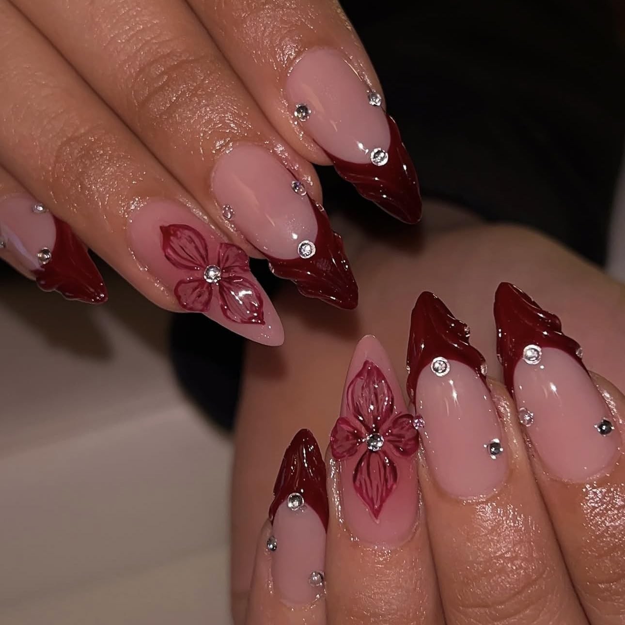 Red French Tip Press on Nails Almond – Medium Flower Fake Nails with 3D Cryst…