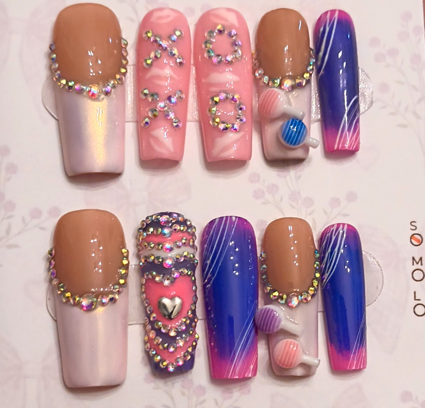 Press-On Nails Sm Long Coffin Pink Blue Nude White Glitter 3D Heart Full Cover