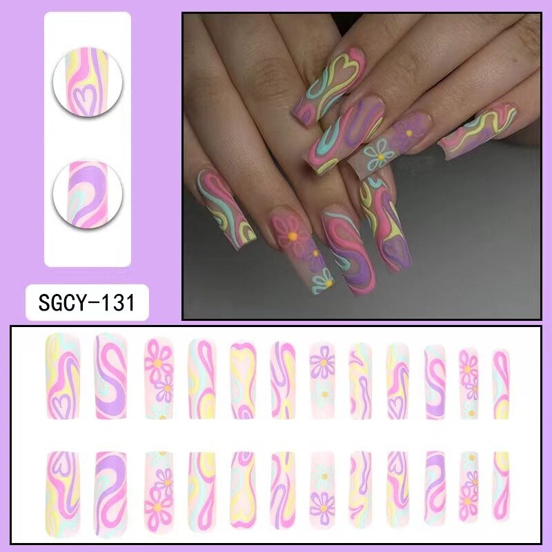 Handmade False Nail Dazzling French Coffin Long Press on Nails for Manicure