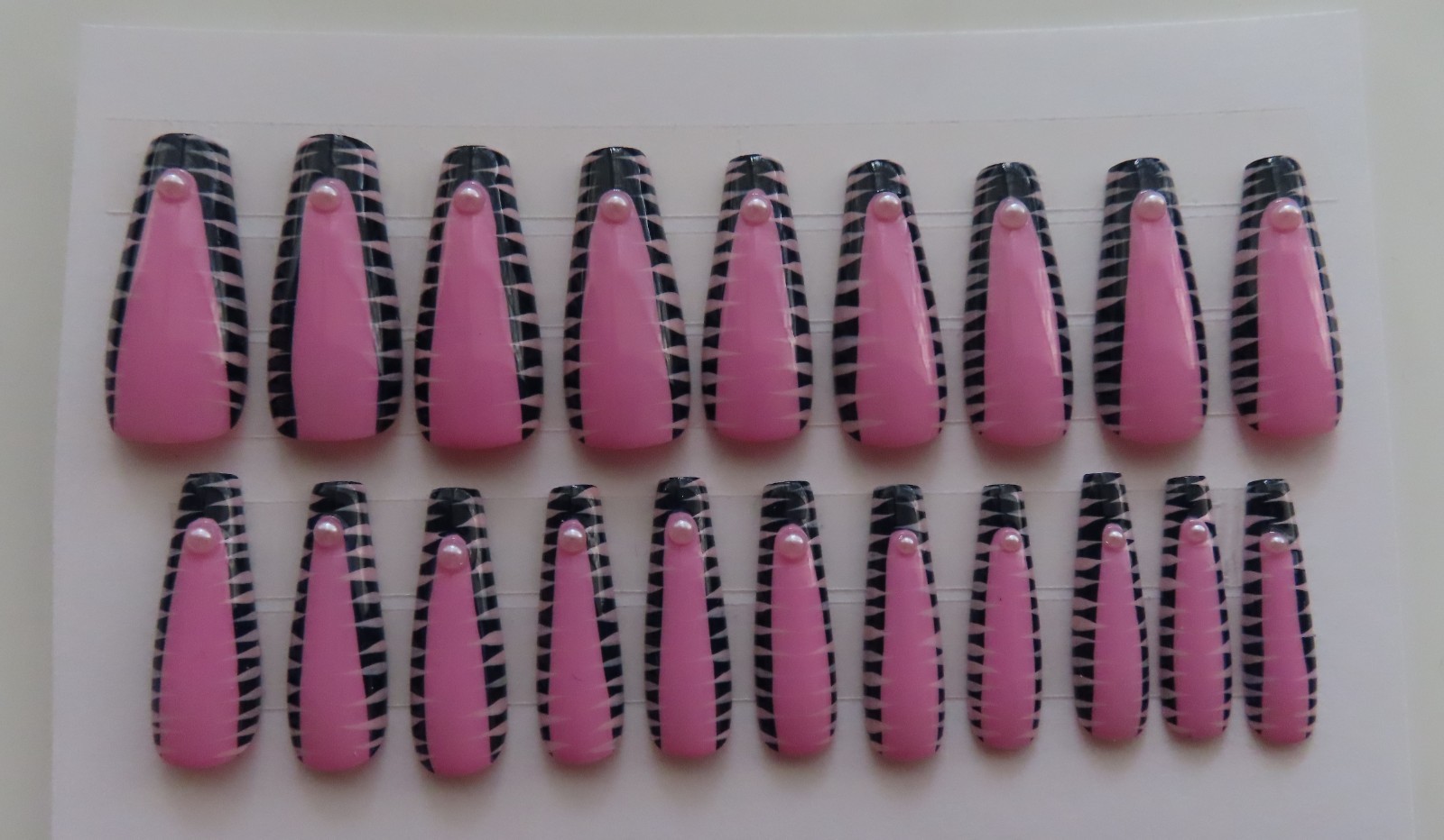 (2) Set Pink Blue French Pearl Tip | Pink Pearl Abstract Coffin Press-On Nail