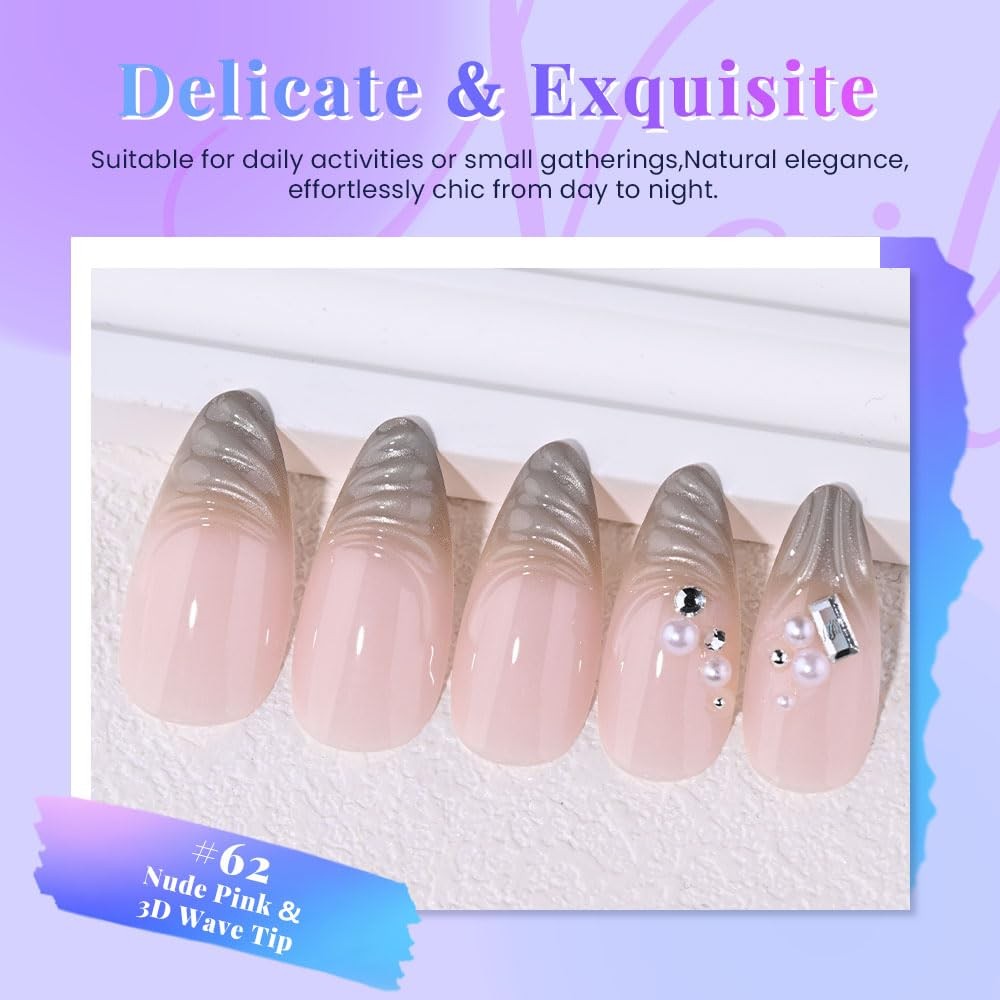 evpct Nude Pink Short Almond 3D Wave Pearl Press on Nails