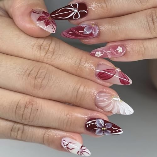 24Pcs 3D Flower Press on Nails Medium Almond Fake Nails Pearl Flower Nails-17