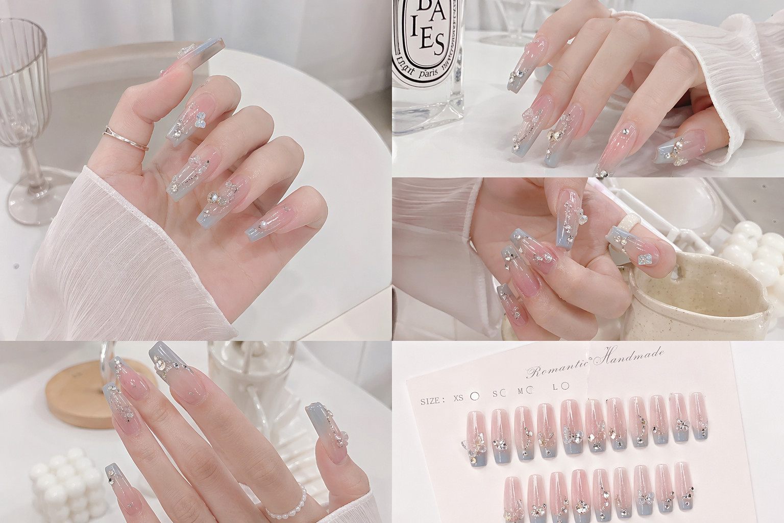 Press-On Nails Mystery Box Nude Pink Butterfly Pearl Rhinestone Surprise Women