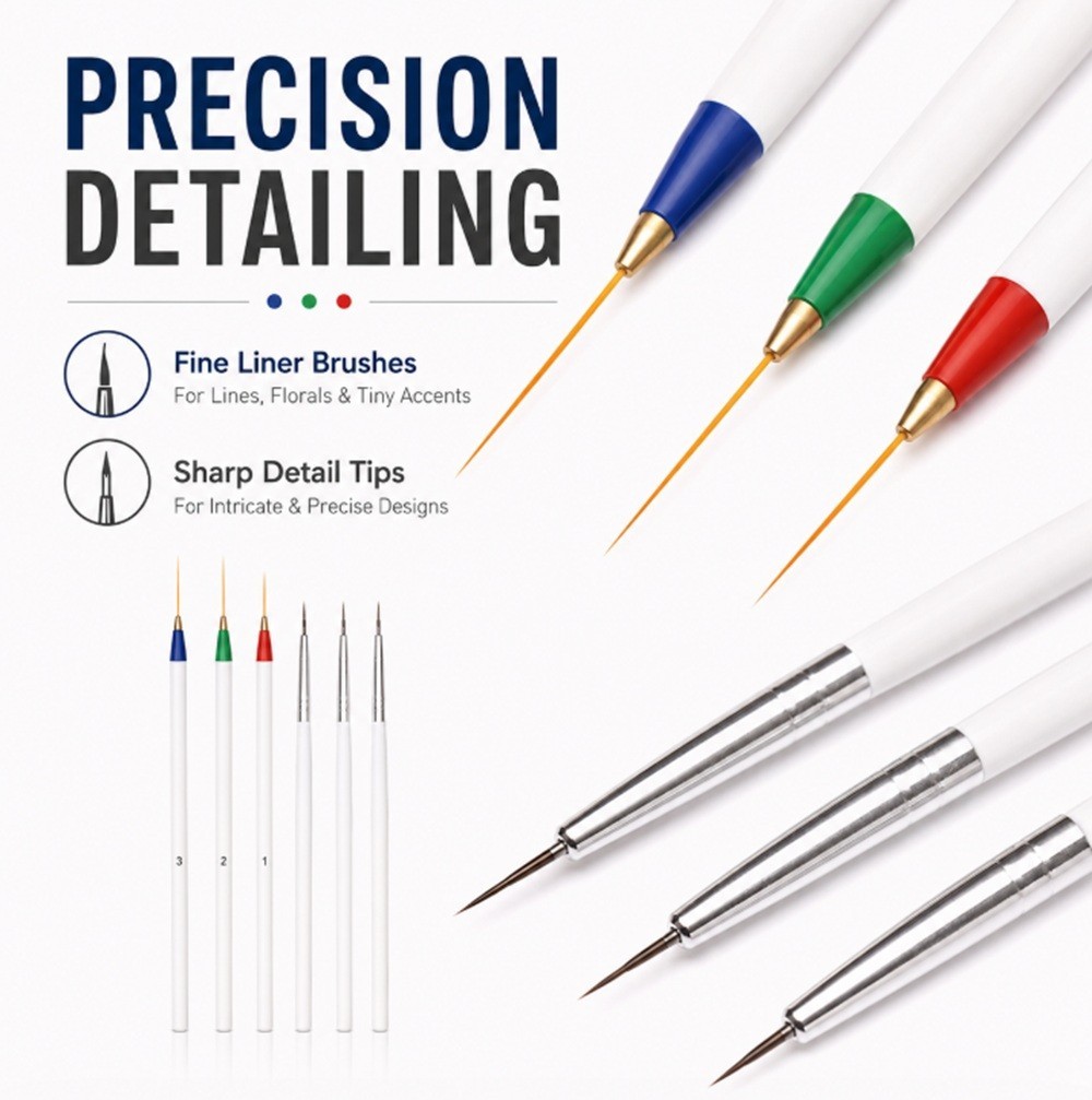6 Nail Art Liner Brushes Set-Precision Design Brush Lines, Dotting & Drawing Pen