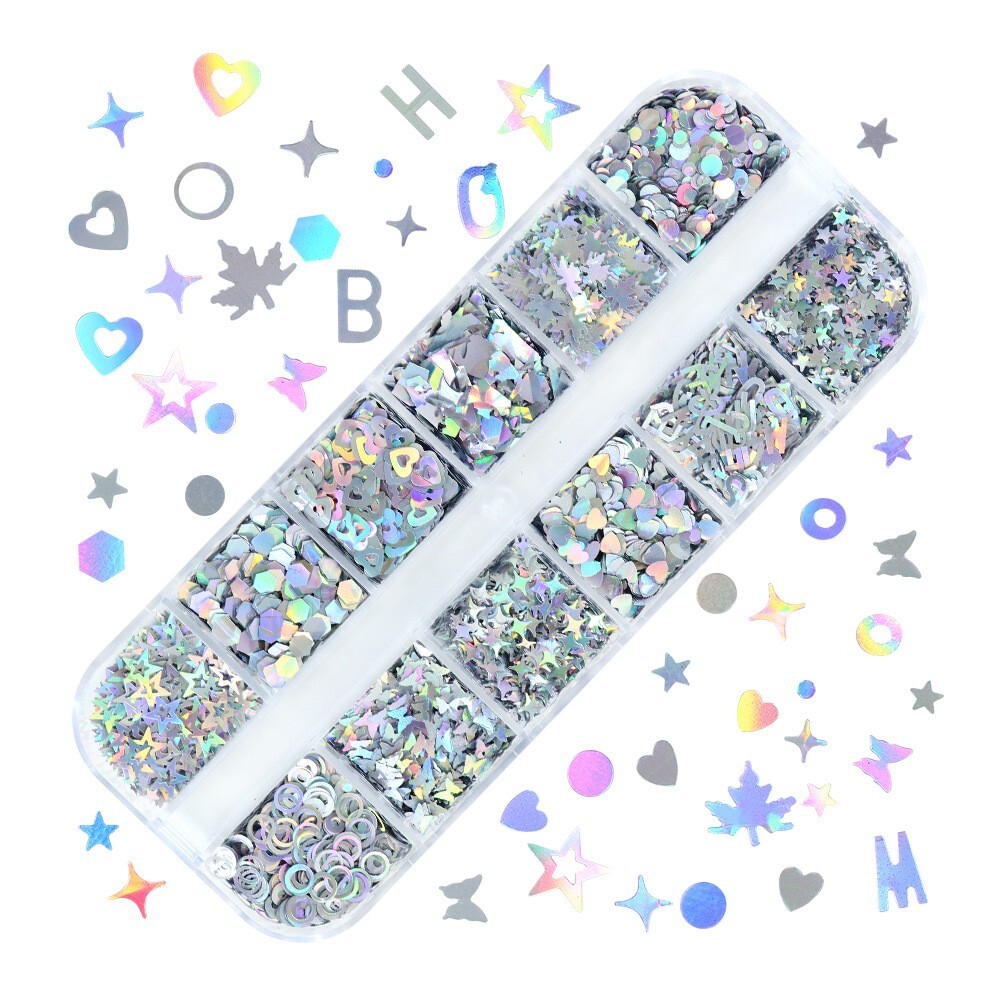 12 Grids Mixed Nail Art Sequins Laser Silver Love Star Glitter Flakes For DIY
