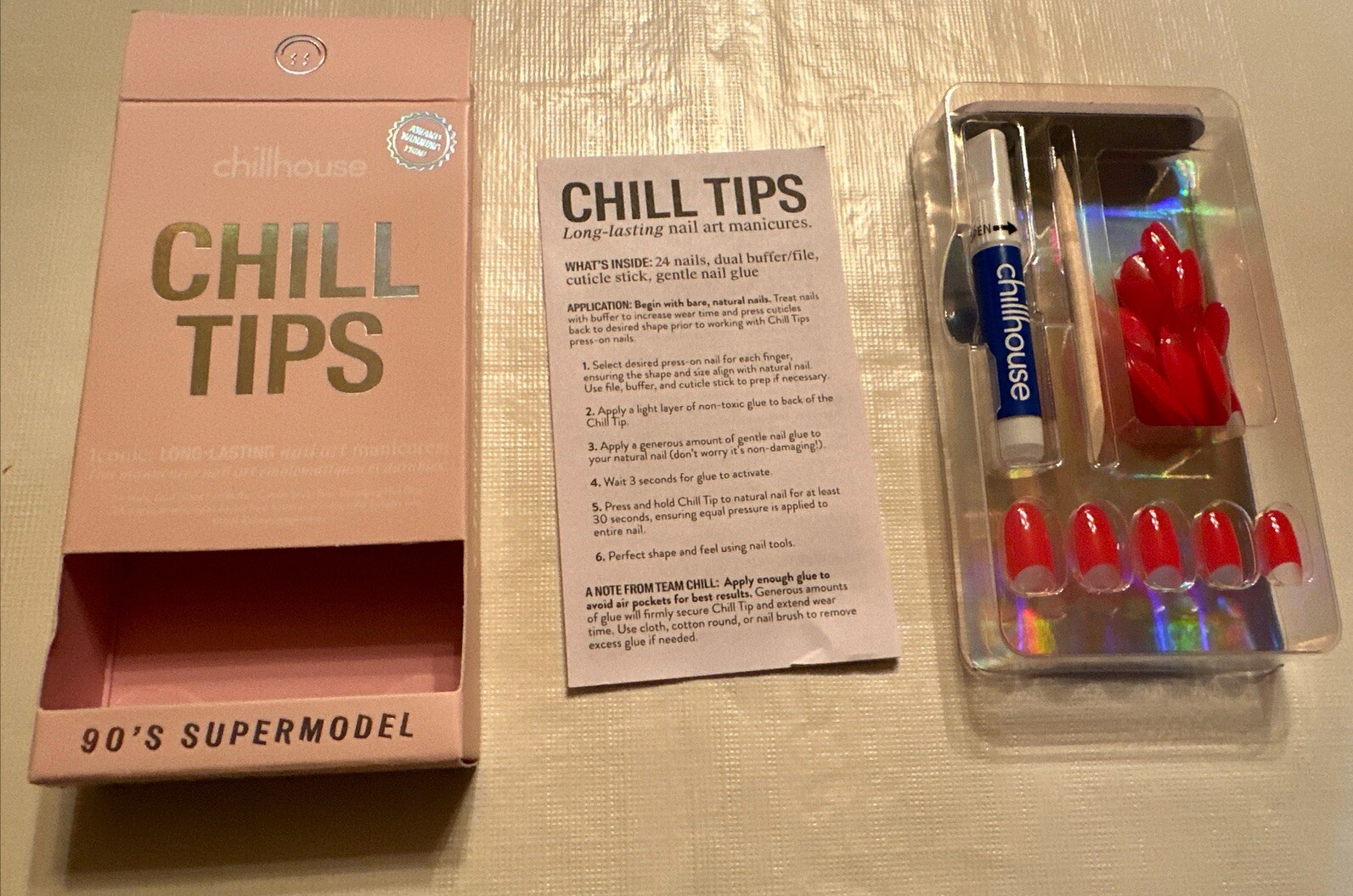 Chillhouse Chill Tips 90’s Supermodel 24 Press-On Nails, dual file/buffer, glue