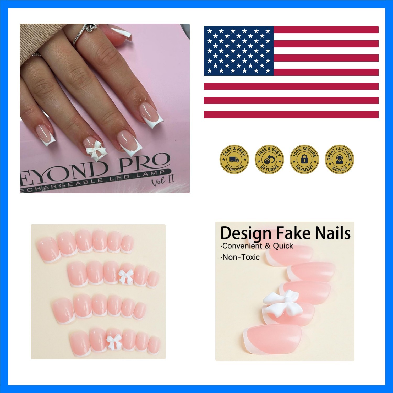 24Pcs Nude Pink color Press On Nails – Short Square, White French Tip, Full C…