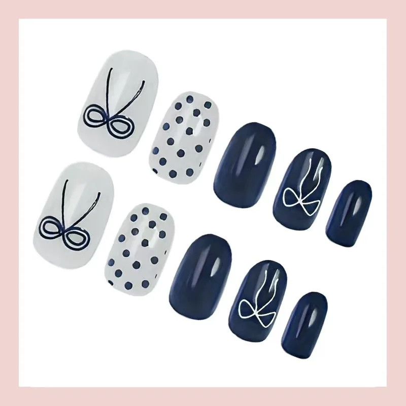 Fashion Press On Nails 24PCS Navy Blue White Polka Dot Bow Oval Fake Artificial