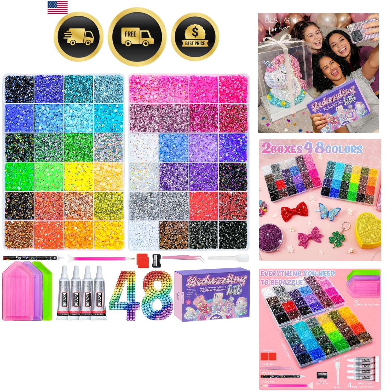 70000Pcs 2 Boxes Bedazzling Kit with Rhinestones, 48 Colors 3mm Resin Flatbac…