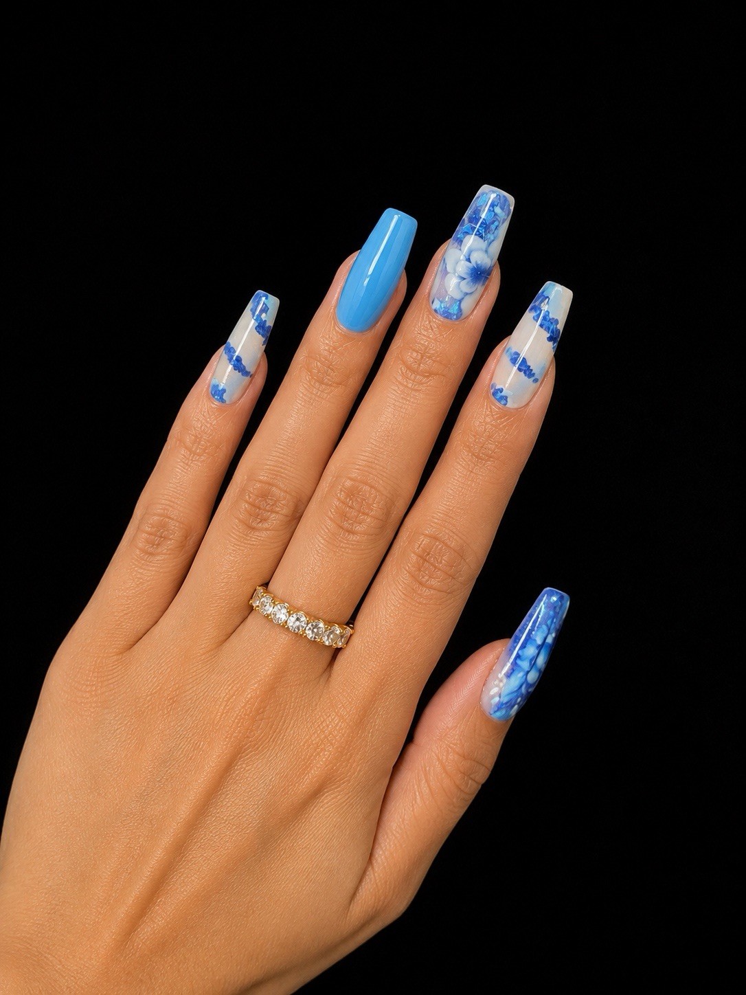1 Pack Of 24 False Nail Profesional Blue/Flowers