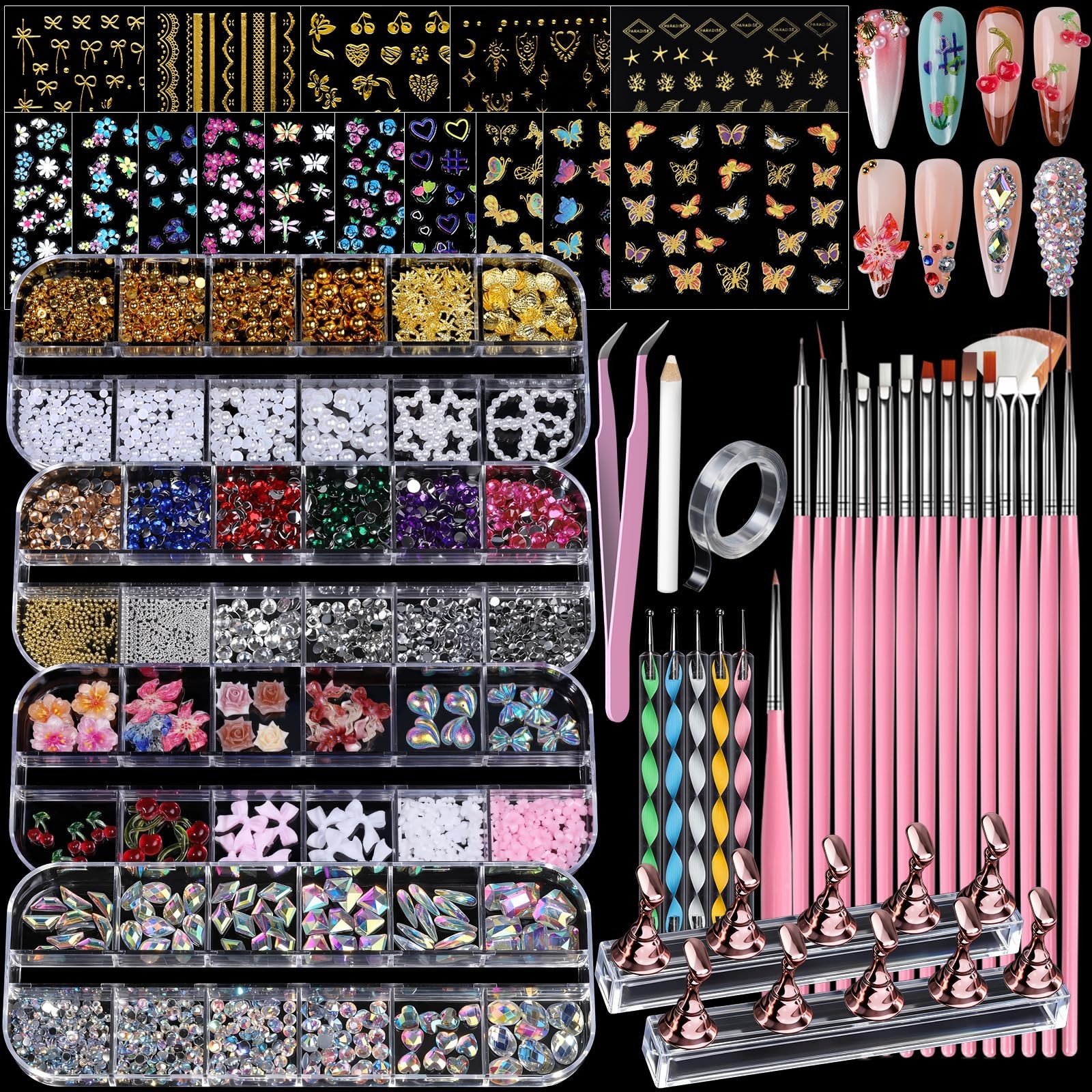 4 Boxes Nail Charms and Gems Set, Nail Rhinestones Nail Kit with Nail Art Bru…