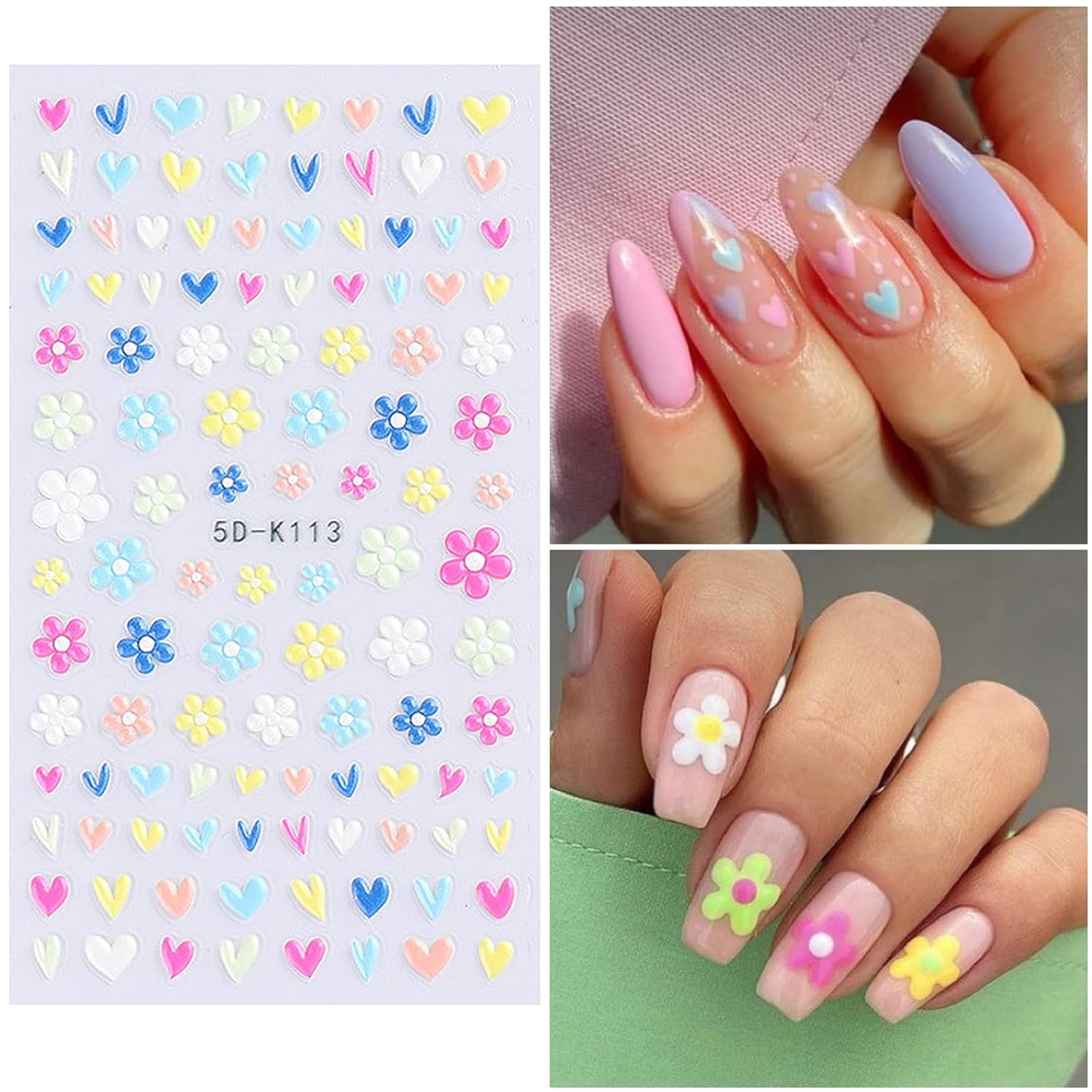 Flower Nail Art Stickers – 5D Embossed, Spring/Summer Daisy Designs, Self-Adhesi