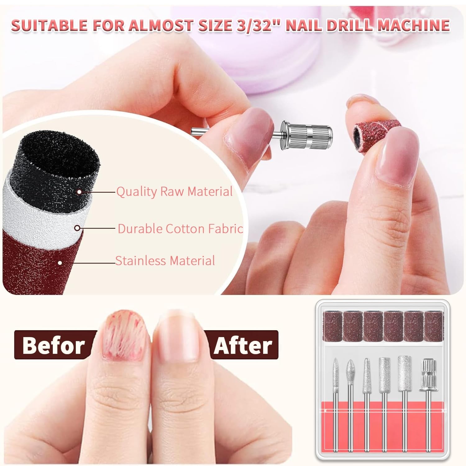 6 Pcs Nail Drill Bits Set,3/32” Professional Nail Bits for Manicure Pedicure