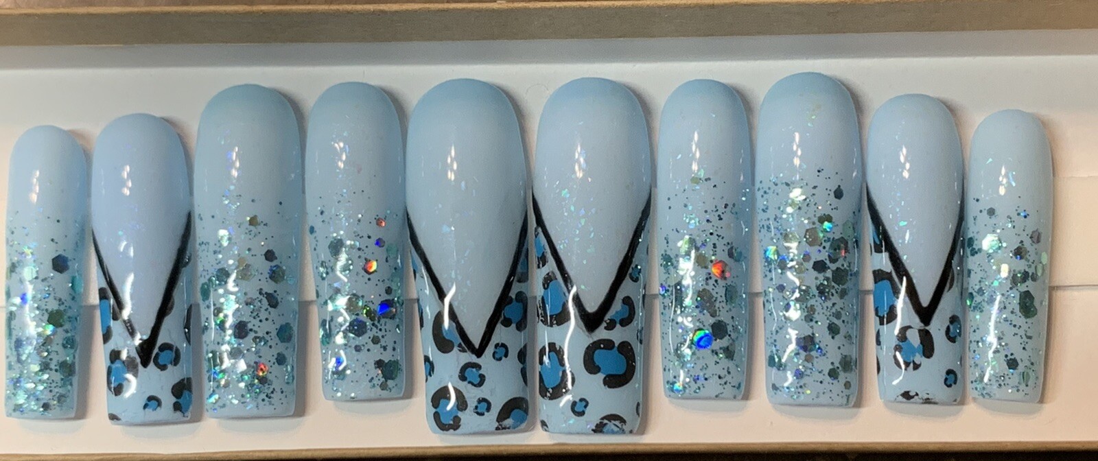 XL Square Press On Nails Size Large 0,4,3,5,7 French Blue Leopard