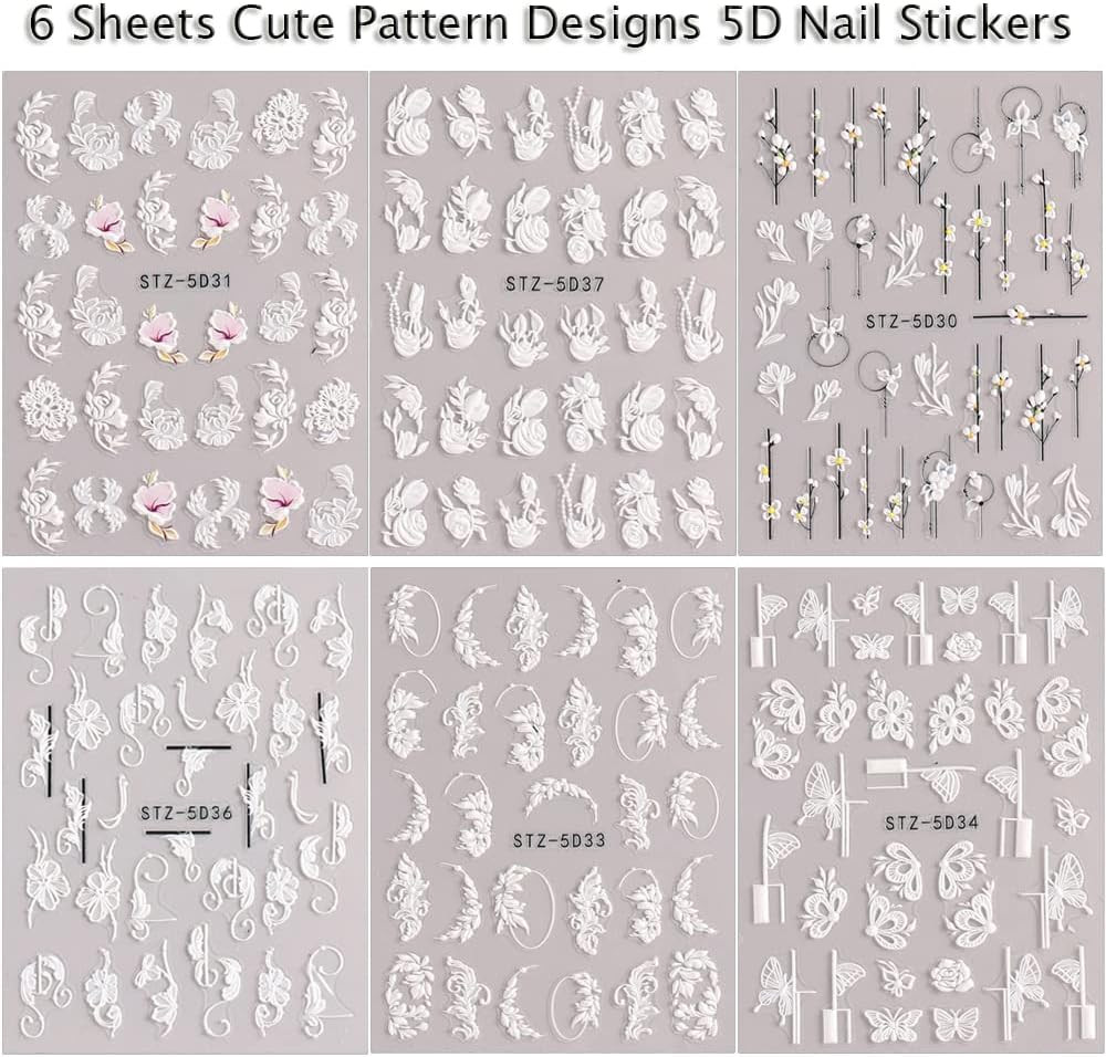 5D Flowers Nail Art Stickers – 6 Sheets Relief Flower Nail Decals Self-Adhesive