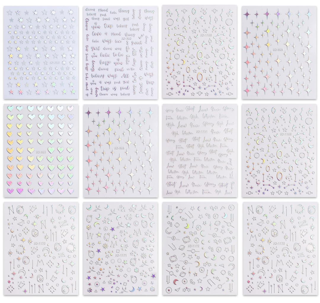 12 Sheets Nail Art Stickers Decals Glitter Holographic Star Heart Design Nails