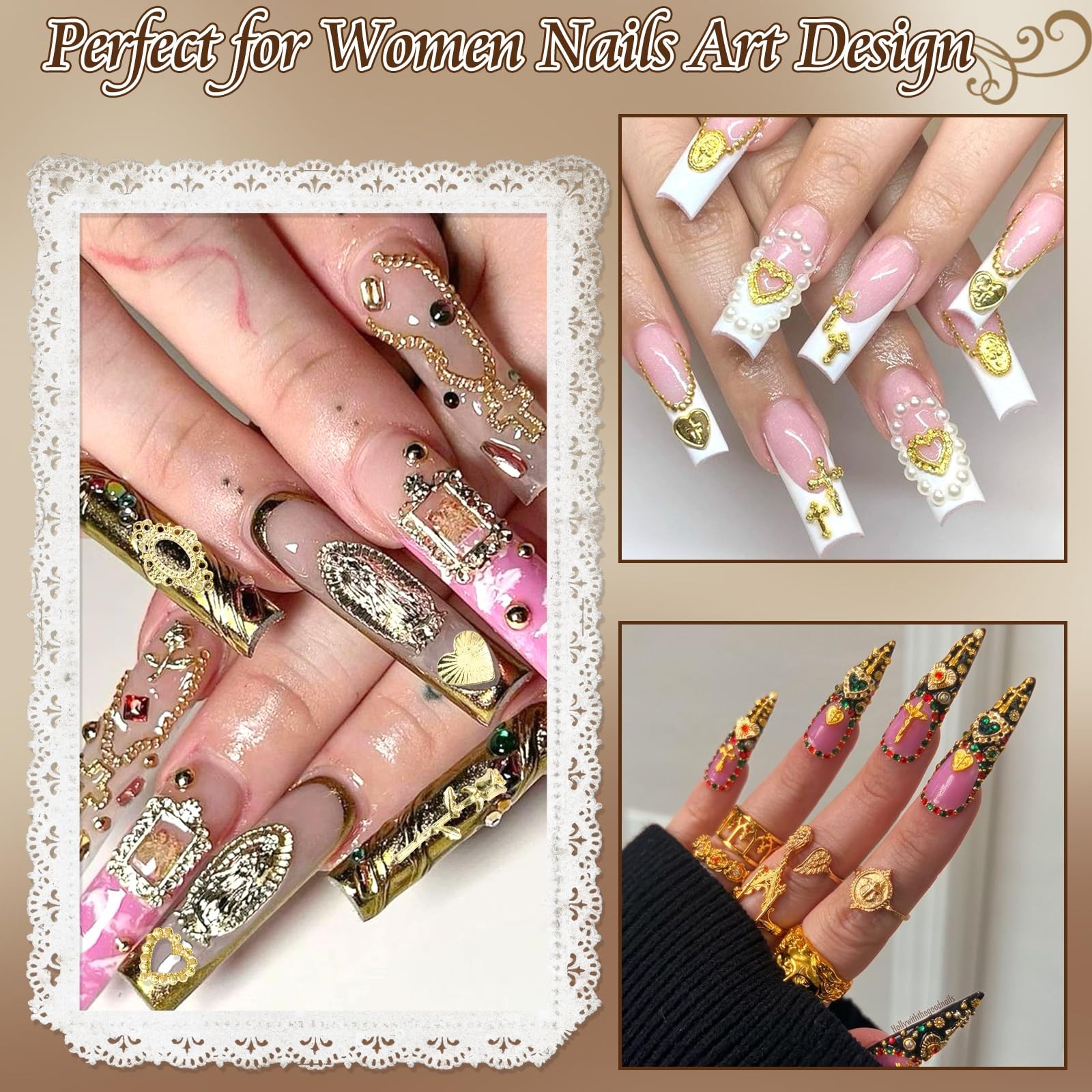 Gold Nail Charms 3D Cross Heart Charms Metal Alloy Half Round Pearls Chrome V…