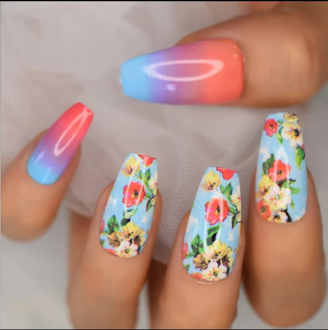 24 Press on nails kit w glue long coffin floral bright barbie pink