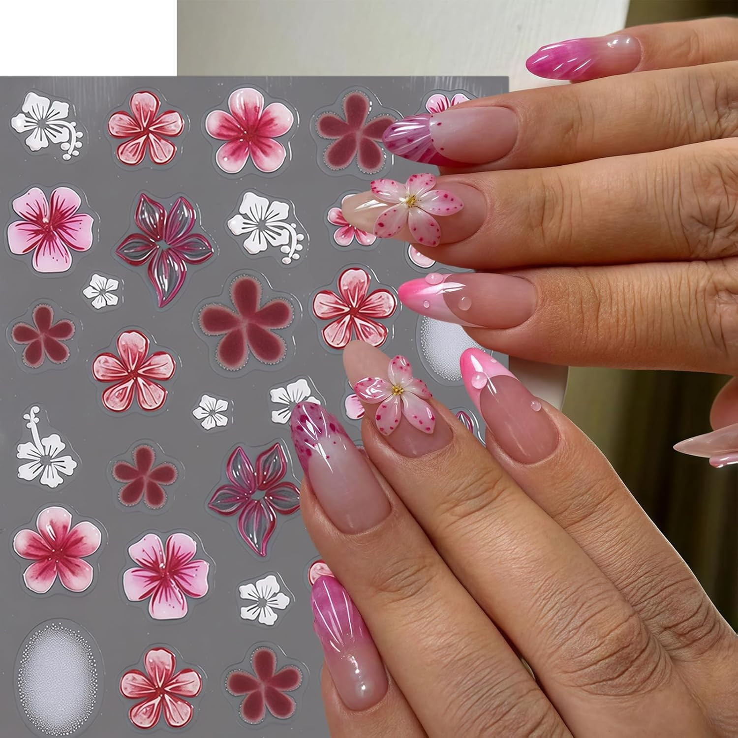 2 Sheets Flower Nail Stickers for Nail Art 5D Embossed Nail Decals Hibiscus Self