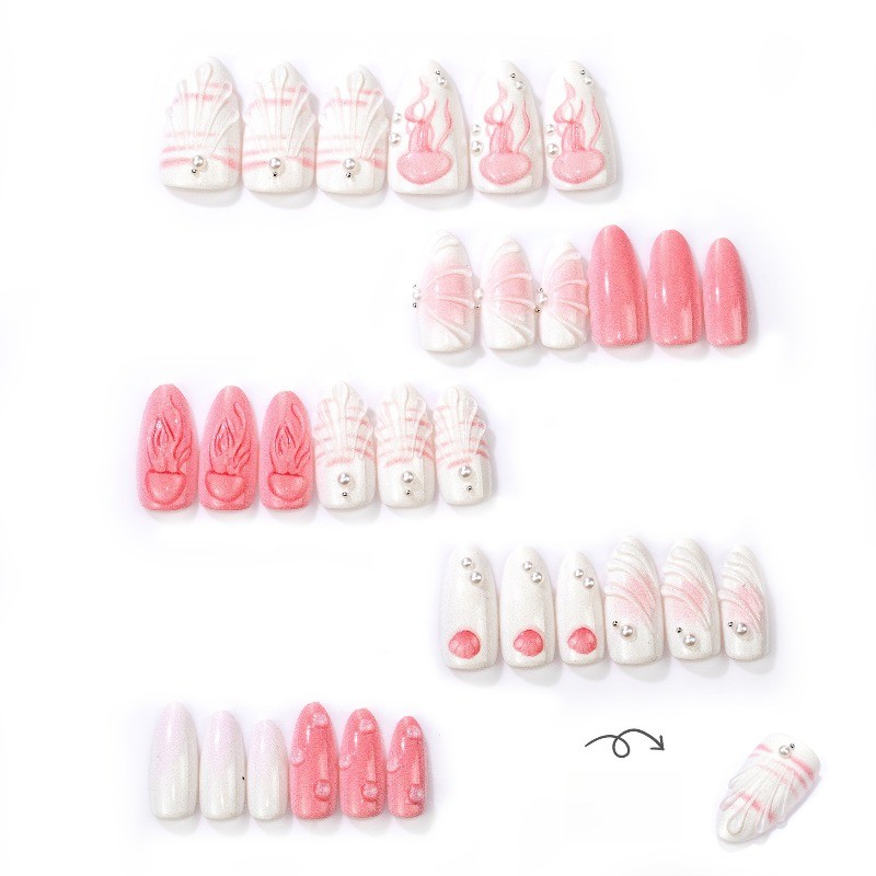 30pcs-Press on Nails Nude Pink Jellyfish Print Pearl Water Drop Almond Nail Set