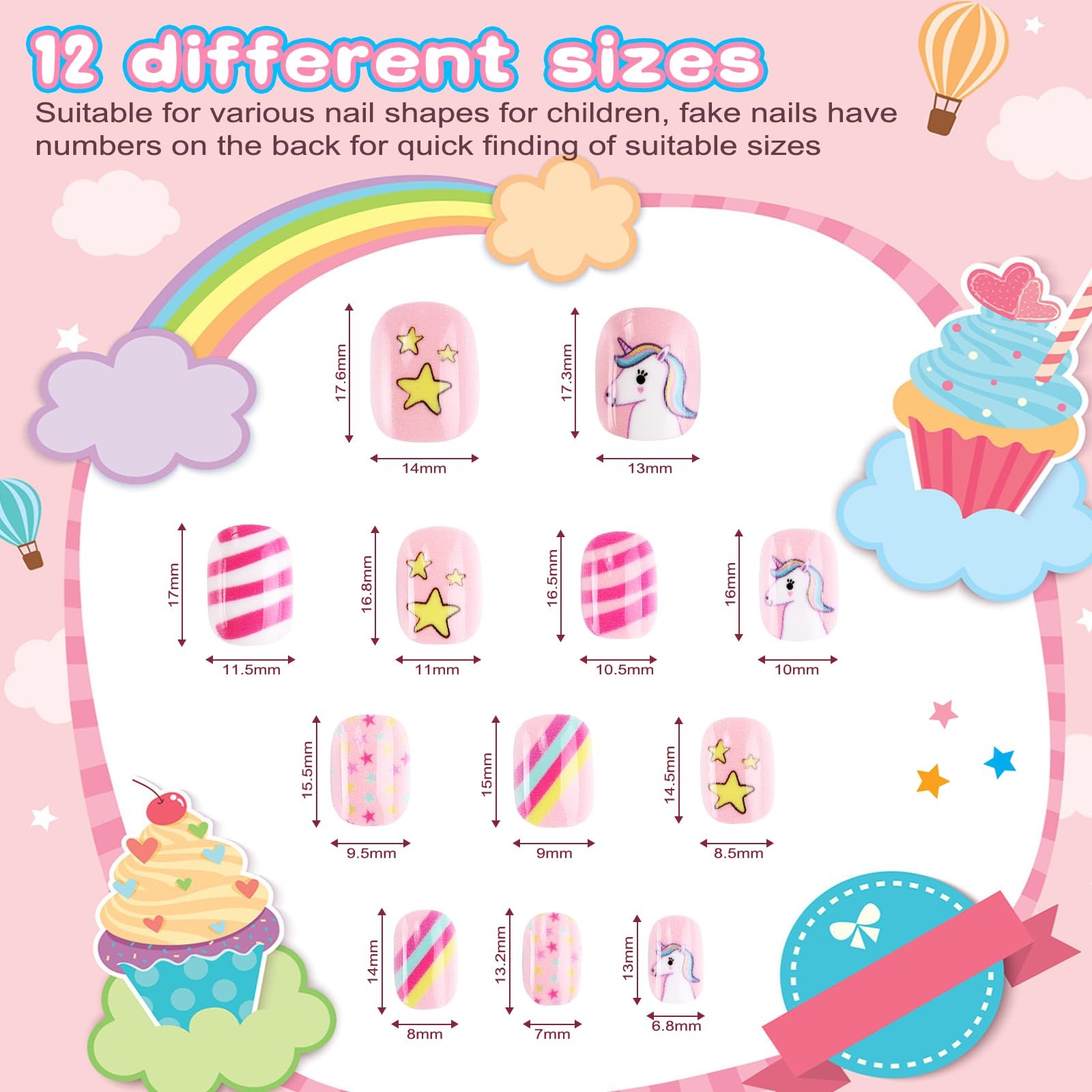 Press on Nails for Kids, 192PCS Kids Press on Nails for Girls Colorful Unicorn