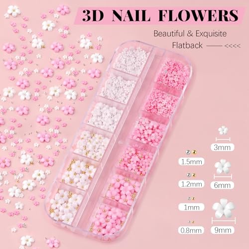 3D Flower Nail Charms and Gems, Cute 01-3 Boxes Nail Art Decos Set 1+Glue