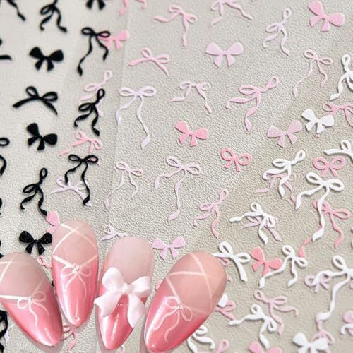 Sweet Pink White Black Bow Nail Stickers for Nail Art Kawaii Waving Ribbon