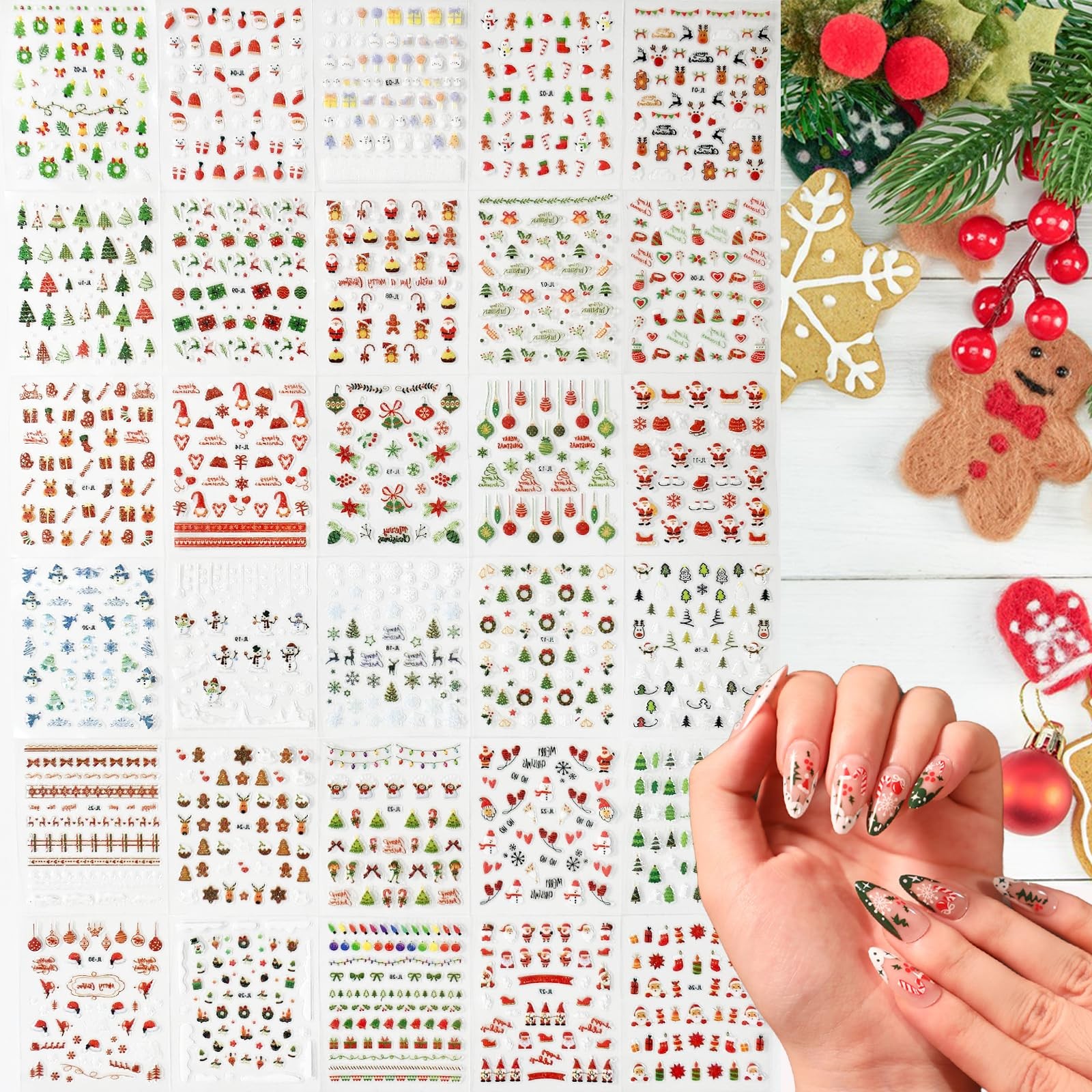 30 Sheets Christmas Nail Art Stickers 3D Snowflake Self-Adhesive B