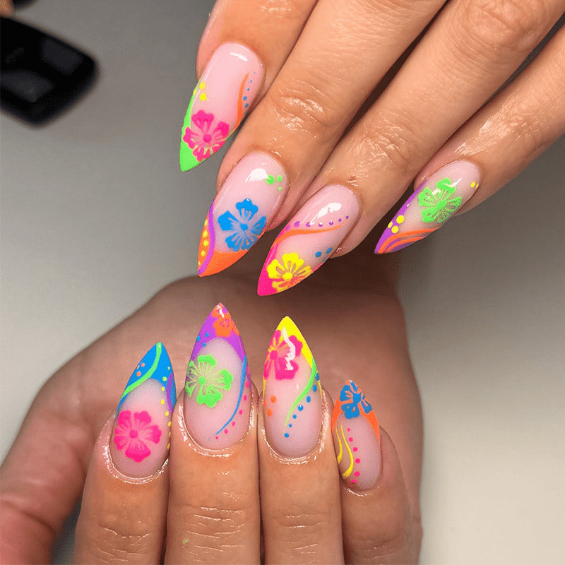 60pcs Stiletto Press on Nails, Bright Neon Tropical Flower Nail Prints