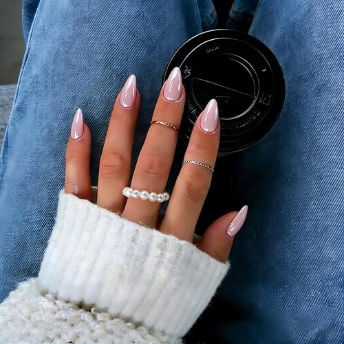 Chrome Press On Nails Short Almond, 30 Pcs Glazed Pastel Dusty almond pink