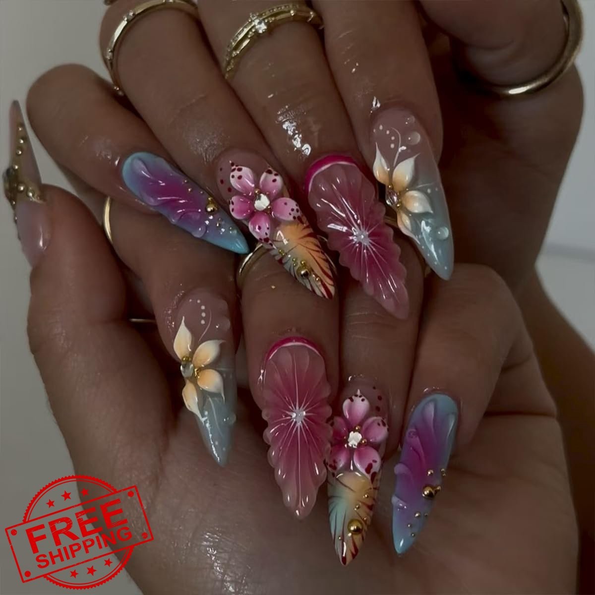 OSTTMA Tropical Floral Almond Press on Nails