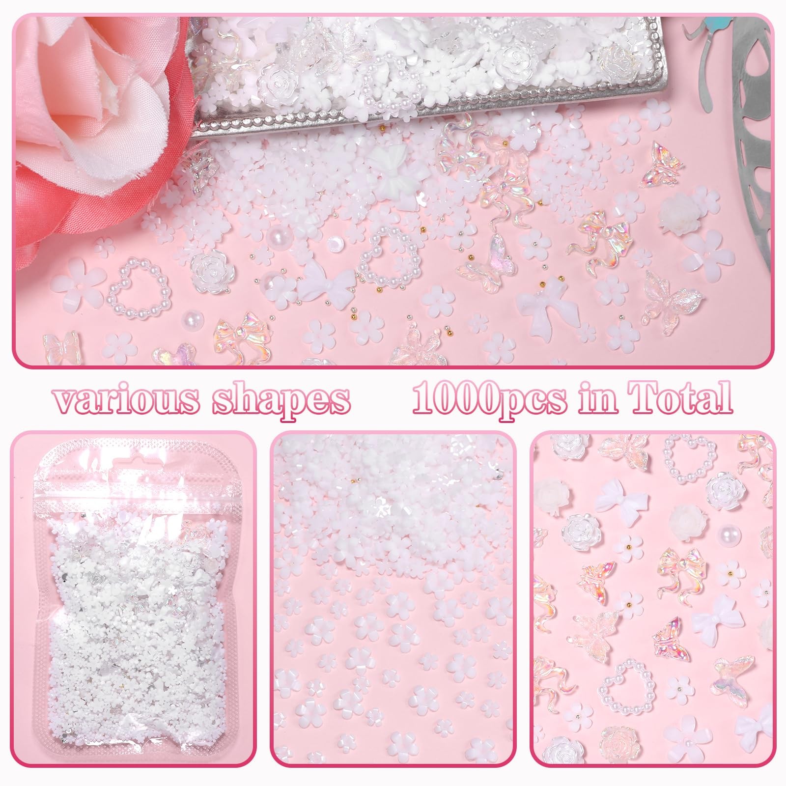 1000 Pcs White Flower Nail Charms, 3D Tiny Flowers Charms for Acrylic Nails Mixe