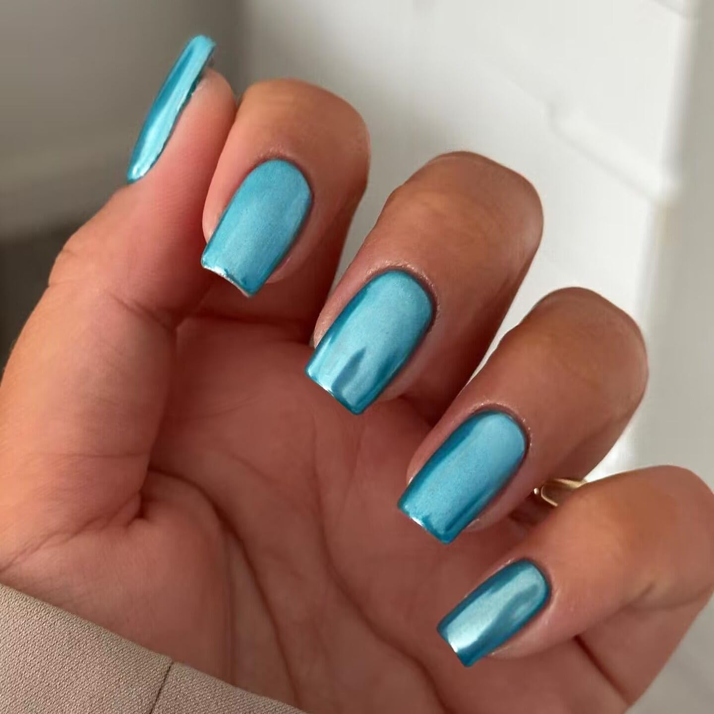 Teal Blue Chrome Square Press on Nails Short Medium, Mirror Metal Plating False