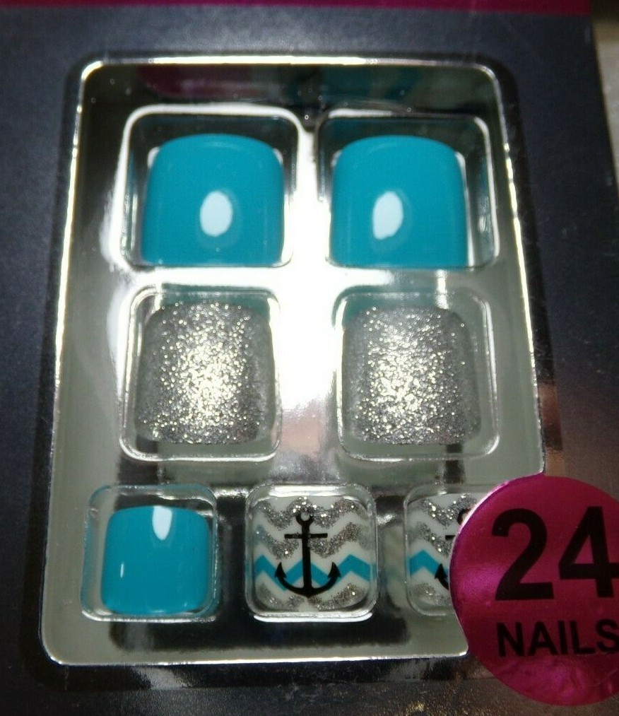 Set Finger & Toe Pretty Secrets Navy Anchors Sailor Aqua Blue Glue on Nail Short